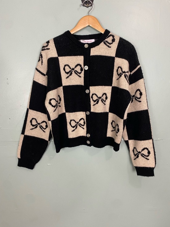 Lisa Says Gah Sweaters - Lisa Says Gay Lauda Black‎ White Bow Check Plaid Cardigan Size Small & XS